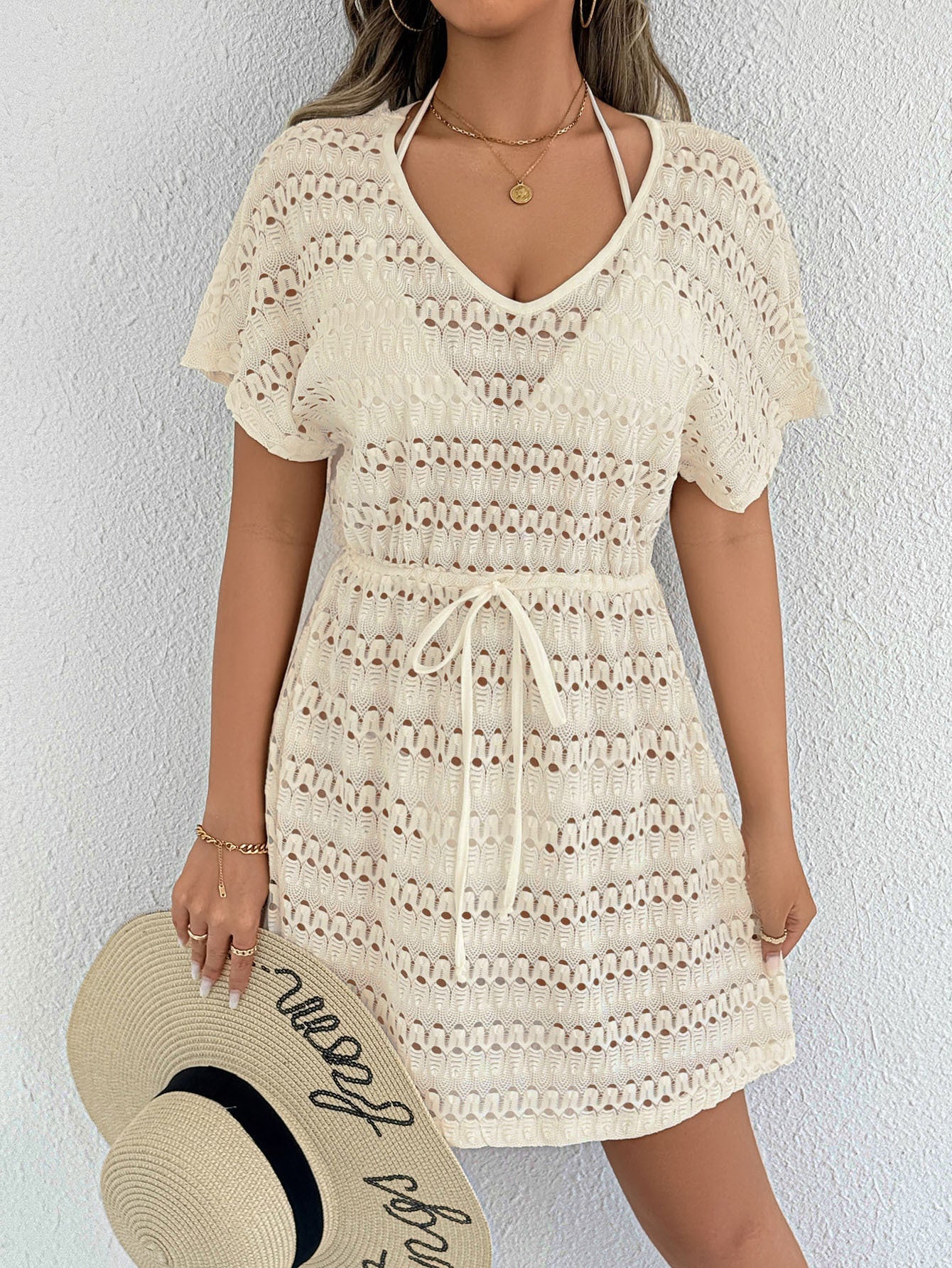 Women'S Sexy Sheer Lace Cover-Up Dress With Bow Tie