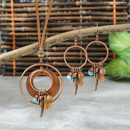 Bohemian Dreamcatcher Tassel Earrings and Wooden Necklace Set