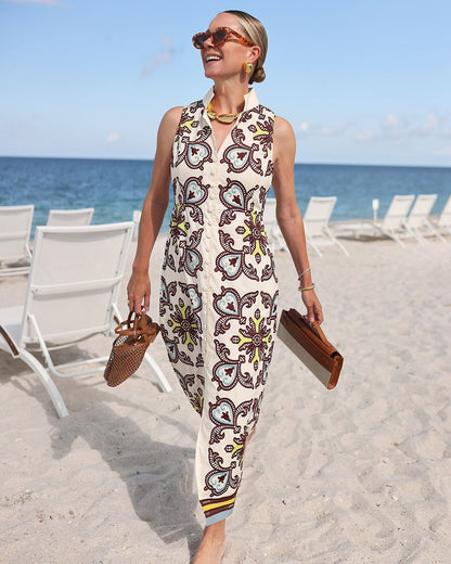Fashionable Sleeveless Cardigan Dress with Floral Print