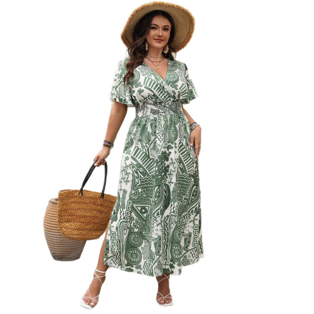Floral Print High Waist Short Sleeve Dress