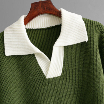 Knit Polo Collar Color Block Pullover Sweater