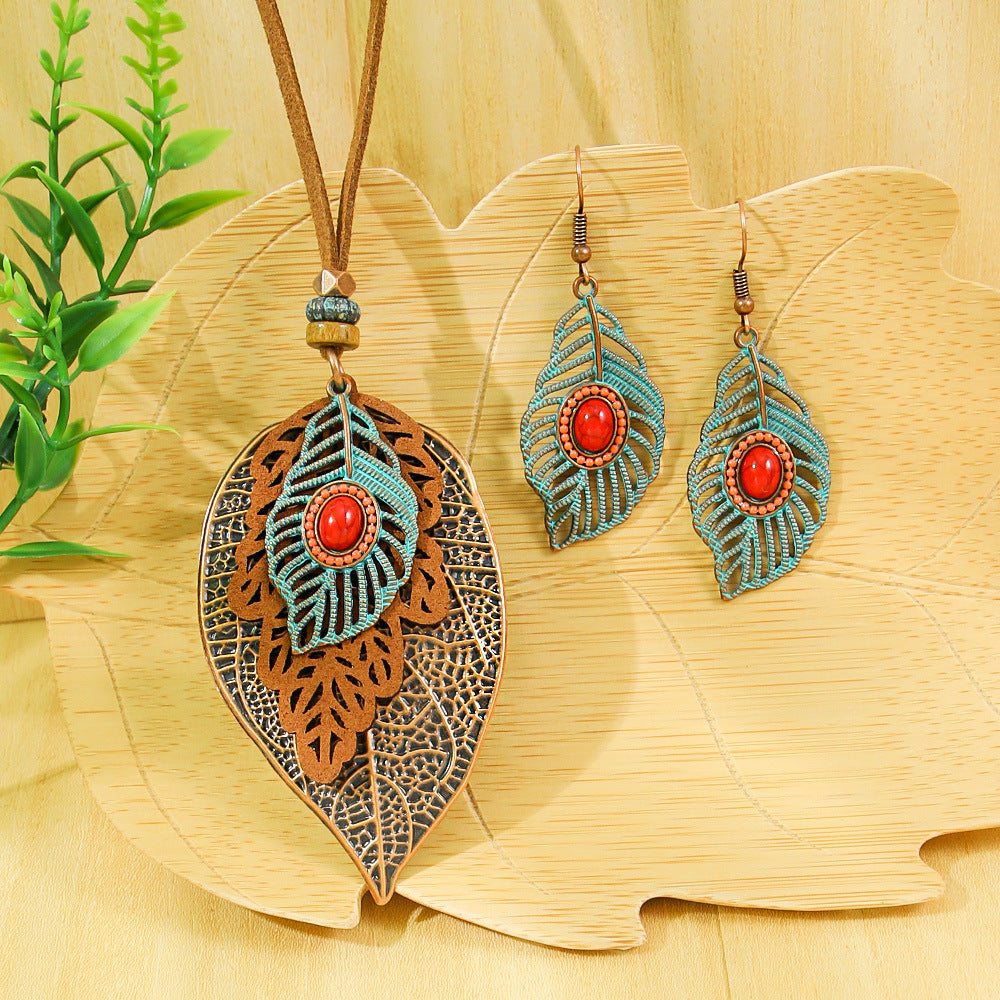 Bohemian Vintage Leaf Earrings With Dragonfly & Butterfly Zinc Alloy Sweater Necklace