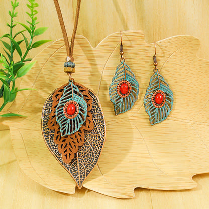 Bohemian Vintage Leaf Earrings With Dragonfly & Butterfly Zinc Alloy Sweater Necklace