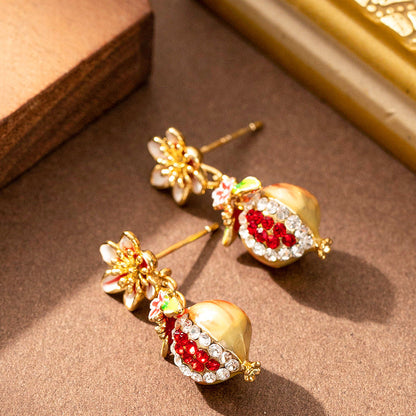 Garnet Flower Enamel Earrings With Rhinestones For Women