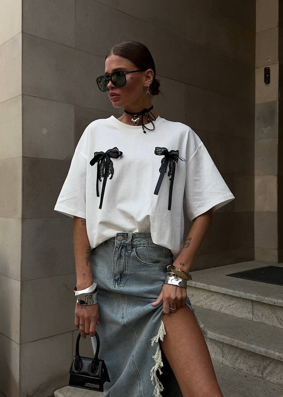 Oversized Cotton T Shirt With Lace Bow Details