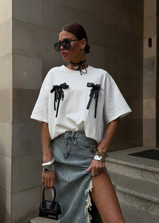 Oversized Cotton T Shirt With Lace Bow Details