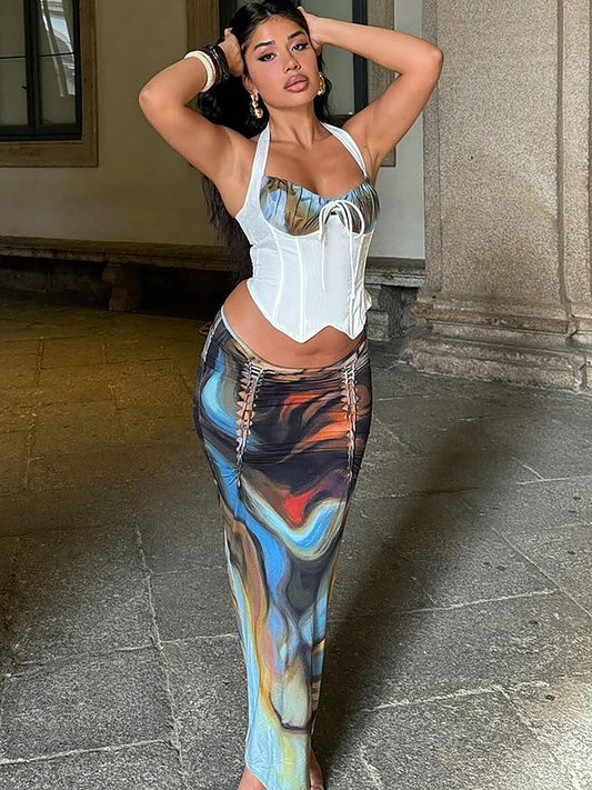 Gradient Print Fitted Tank Top and Midi Skirt Set