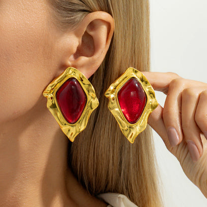 Chic Resin Gemstone Stud Earrings Vintage Geometric Design