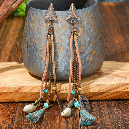 Trendy Long Tassel Earrings with Shell and Leaf Design