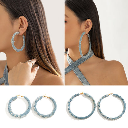 Vintage Statement Denim Print Hoop Earrings For Women