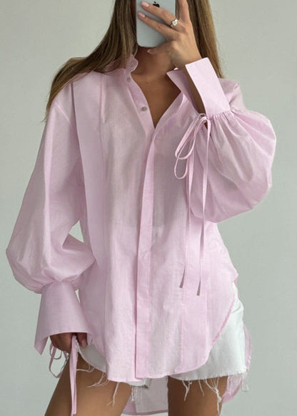 Oversized Cotton Blend Shirt with Ribbon Tie Sleeves