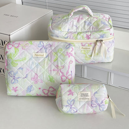 Bow Flower Large Capacity Makeup Bag Vintage Quilted Toiletry Pouch