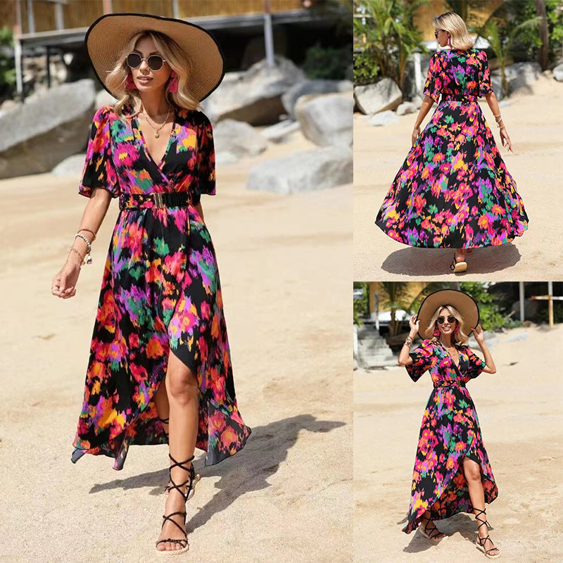 New Short-Sleeved V-Neck Pullover Irregular Beach Dress For Summer