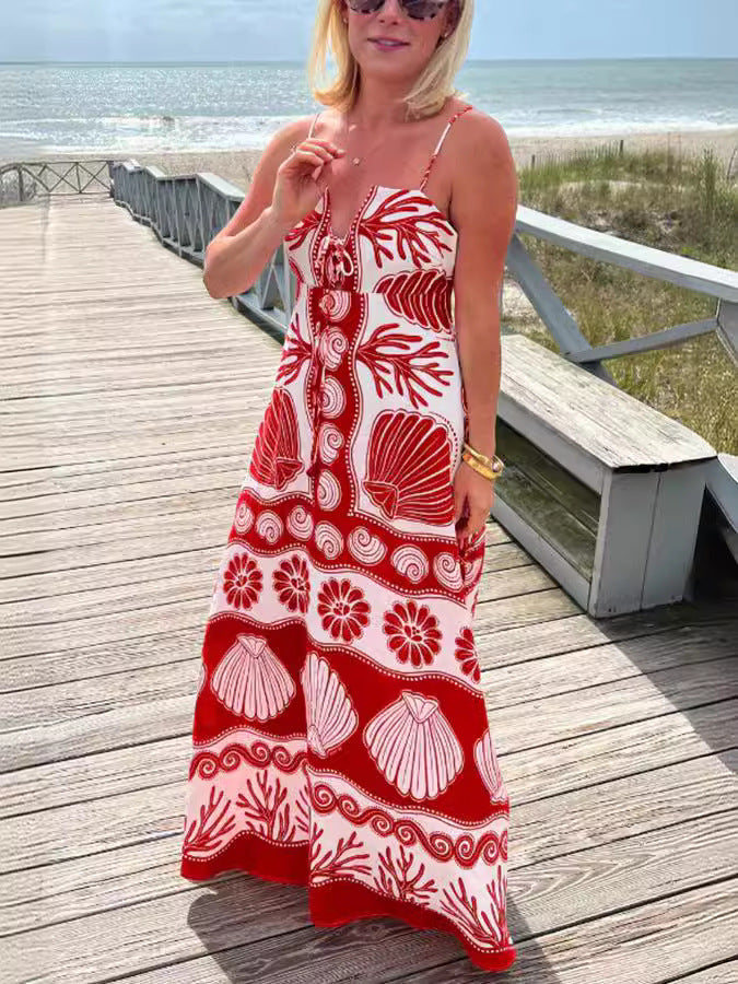 Elegant Floral Print Polyester Maxi Dress with V-Neck