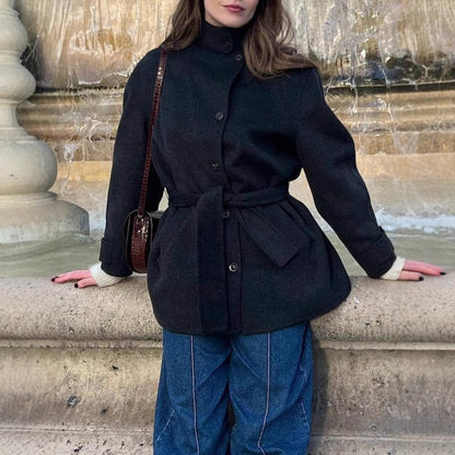 Solid Color Belted Wool Blend Coat for Women