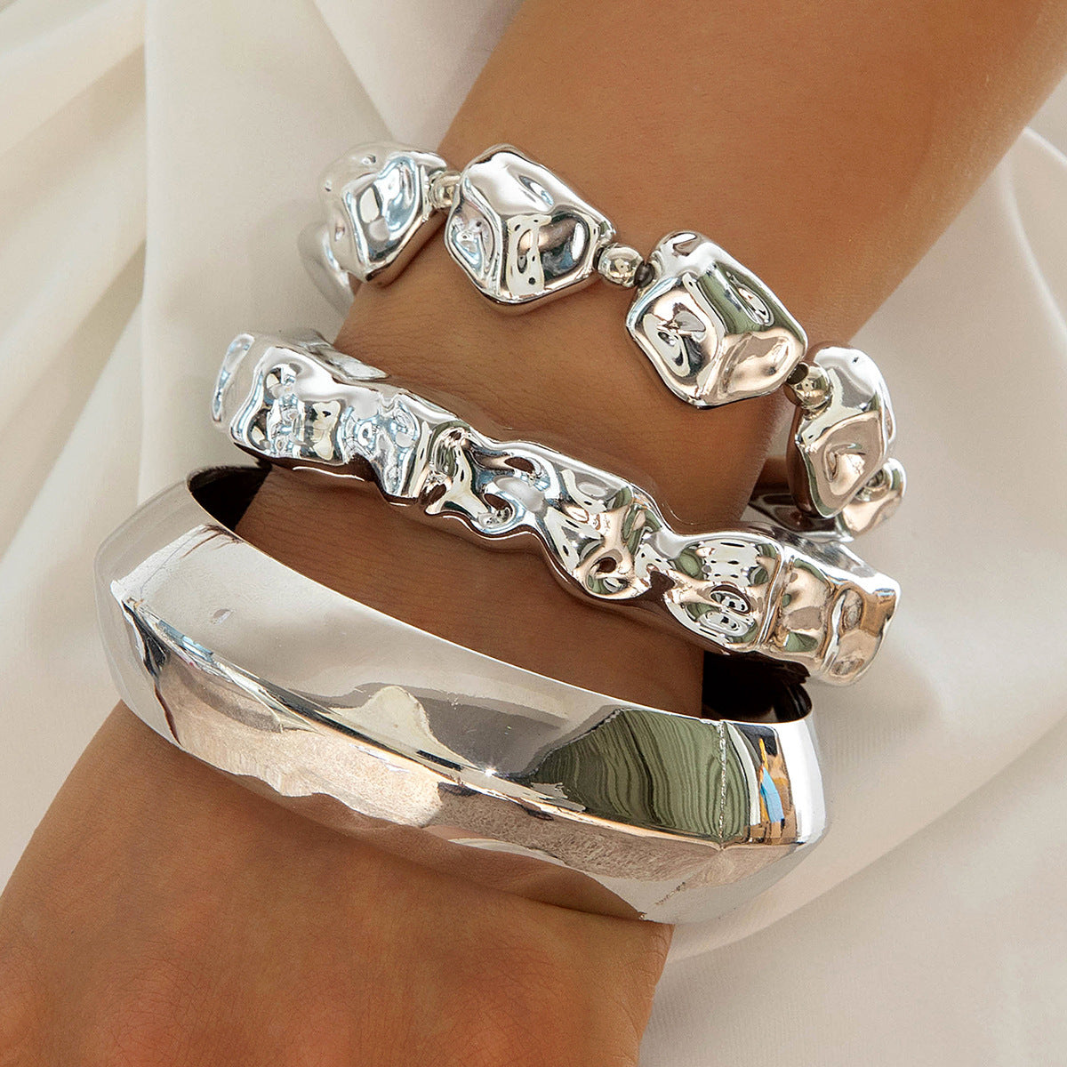 Layered Geometric Statement Cuff Bracelet Set