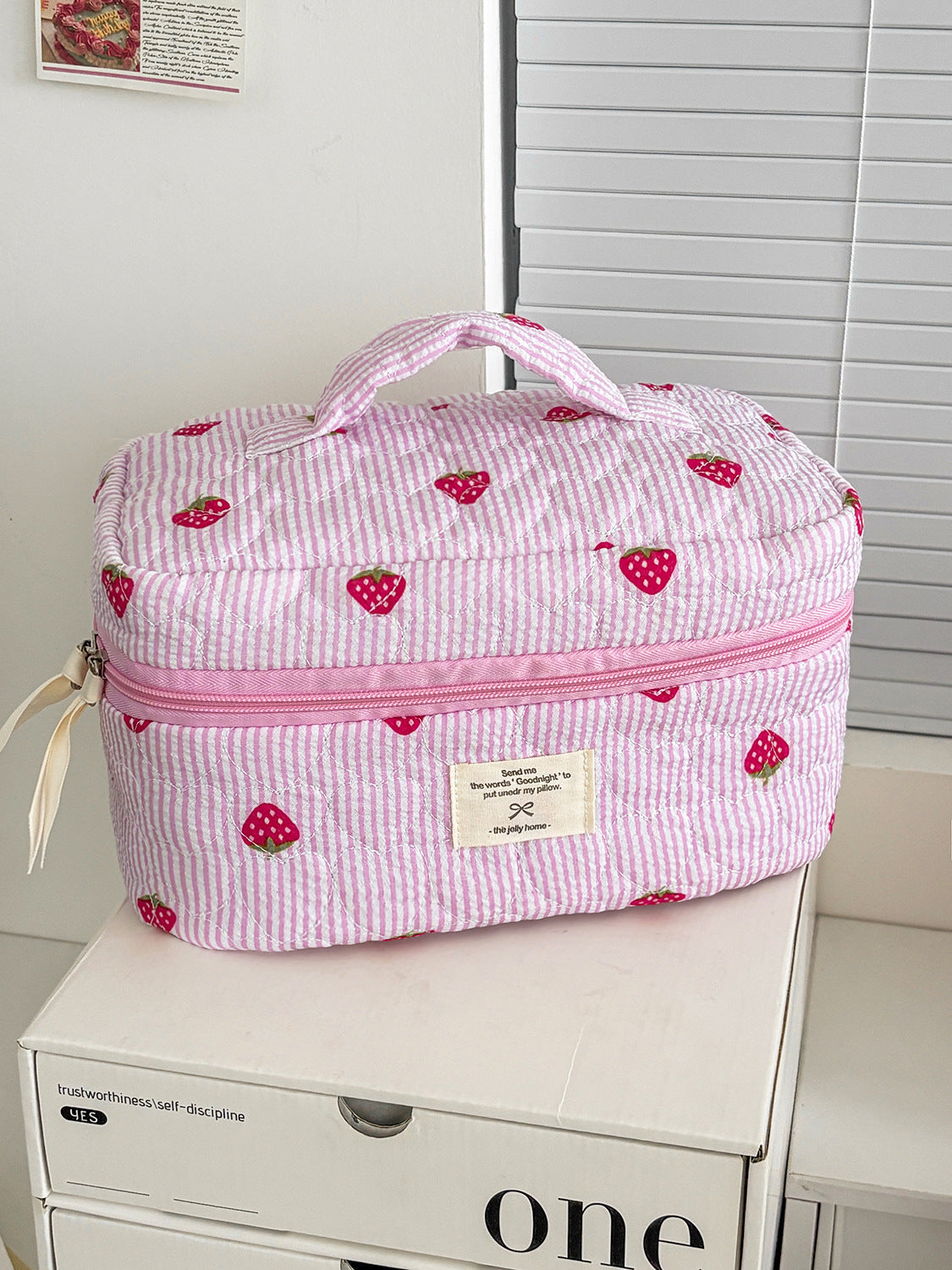 Strawberry Striped Pink Makeup Bag Quilted Large Capacity Portable Cosmetic Case