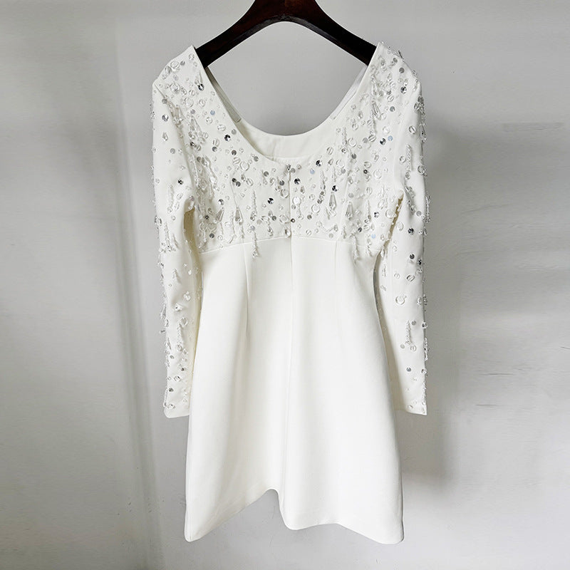 Elegant Long Sleeve U-Neck Dress With Beaded Details