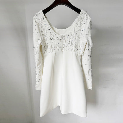 Elegant Long Sleeve U-Neck Dress With Beaded Details