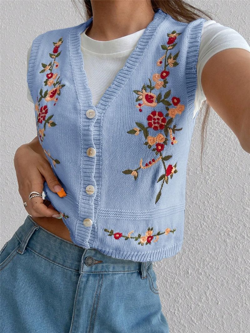 Floral Embroidery V-Neck Knit Sweater Vest