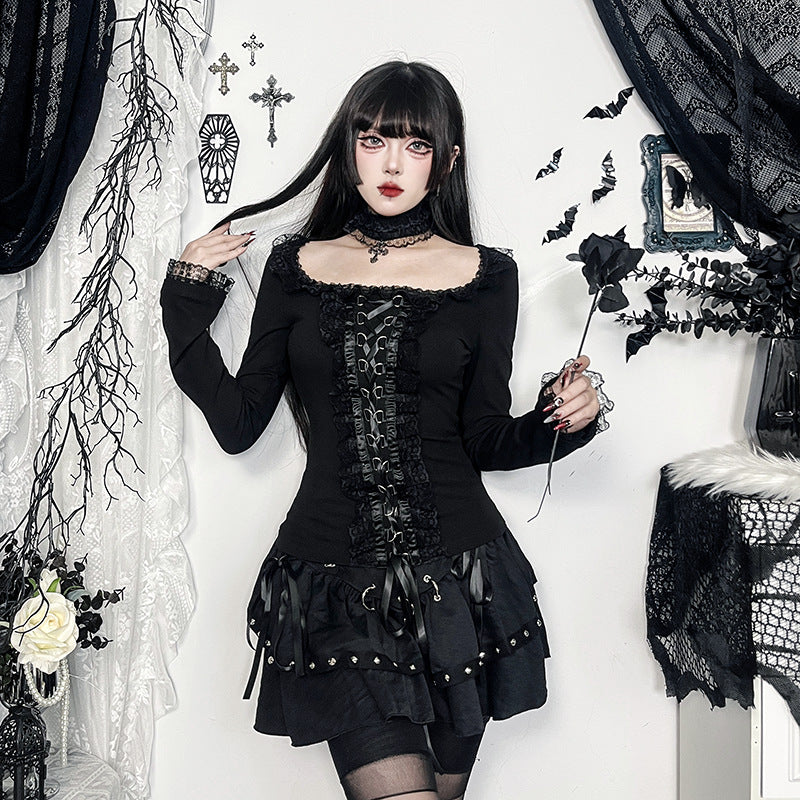 Dark Aesthetic Lace Trim Long Sleeve Top with Choker