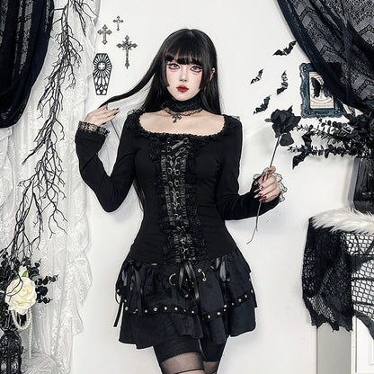 Dark Aesthetic Lace Trim Long Sleeve Top with Choker