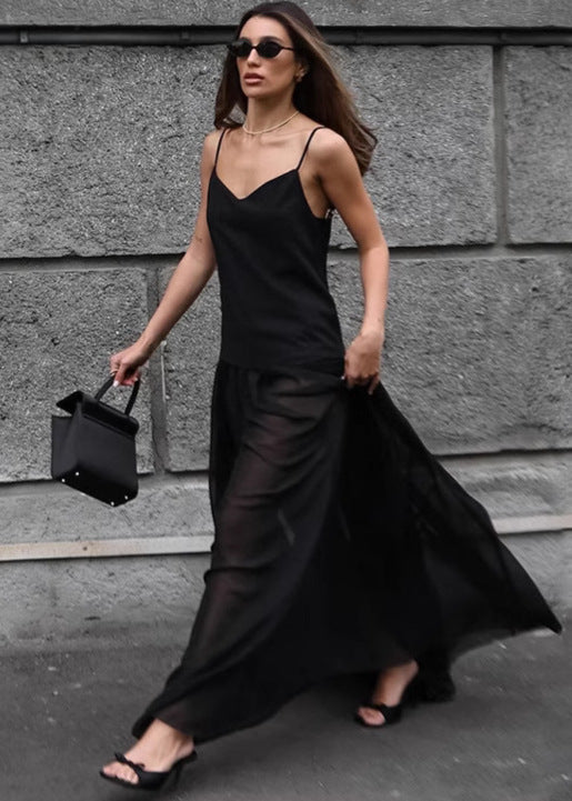 Backless Spaghetti Strap Maxi Dress Black Sheer