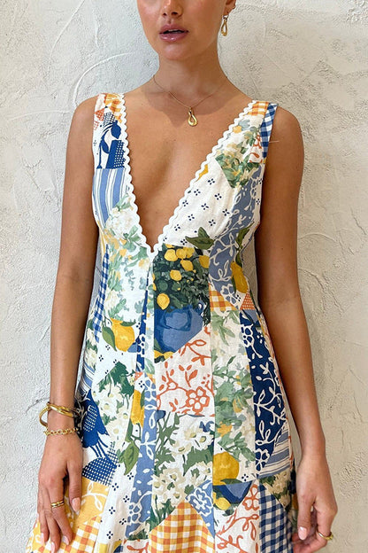 Summer Sleeveless Large V-Neck Large Swing Printed Casual Dress