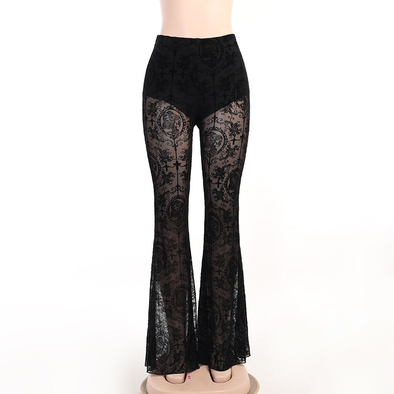 Summer Casual High-Waisted Flared Pants with Lace Detail