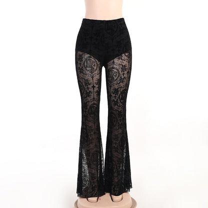 Summer Casual High-Waisted Flared Pants with Lace Detail