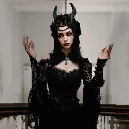 Dark Fashion Lace Bodysuit Top With Princess Sleeves