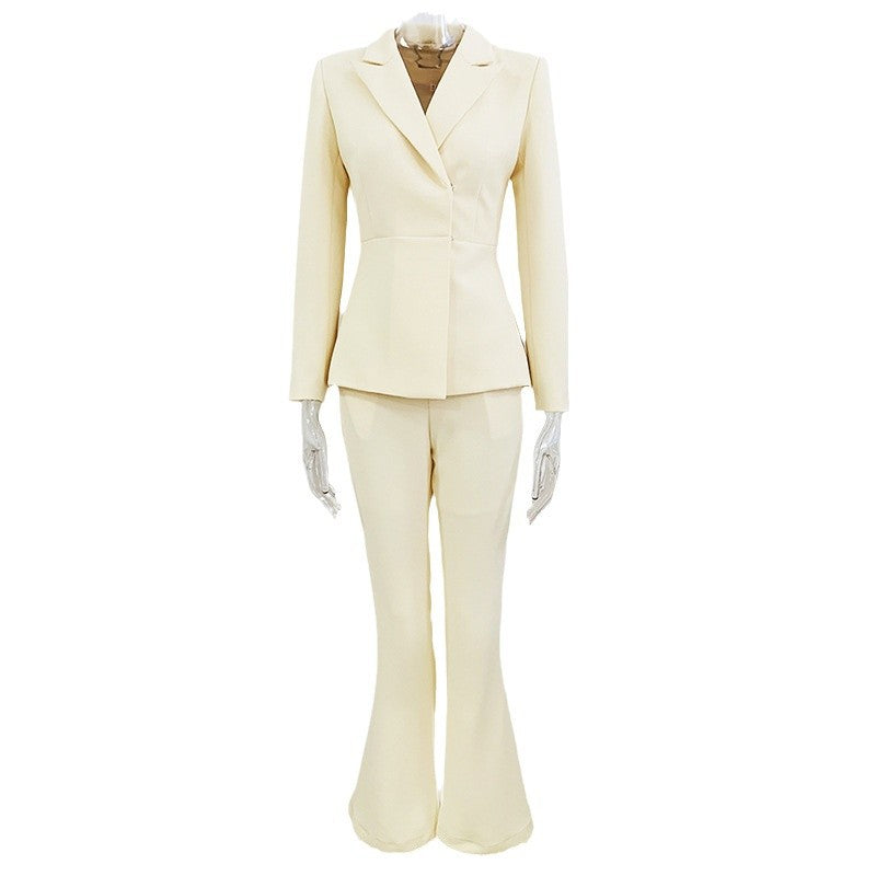 Cream Buttoned Blazer Pantsuit Set