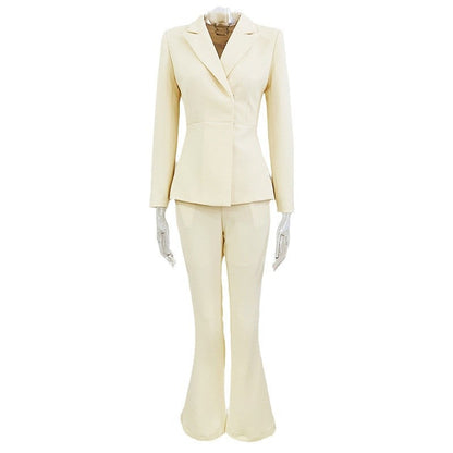 Cream Buttoned Blazer Pantsuit Set