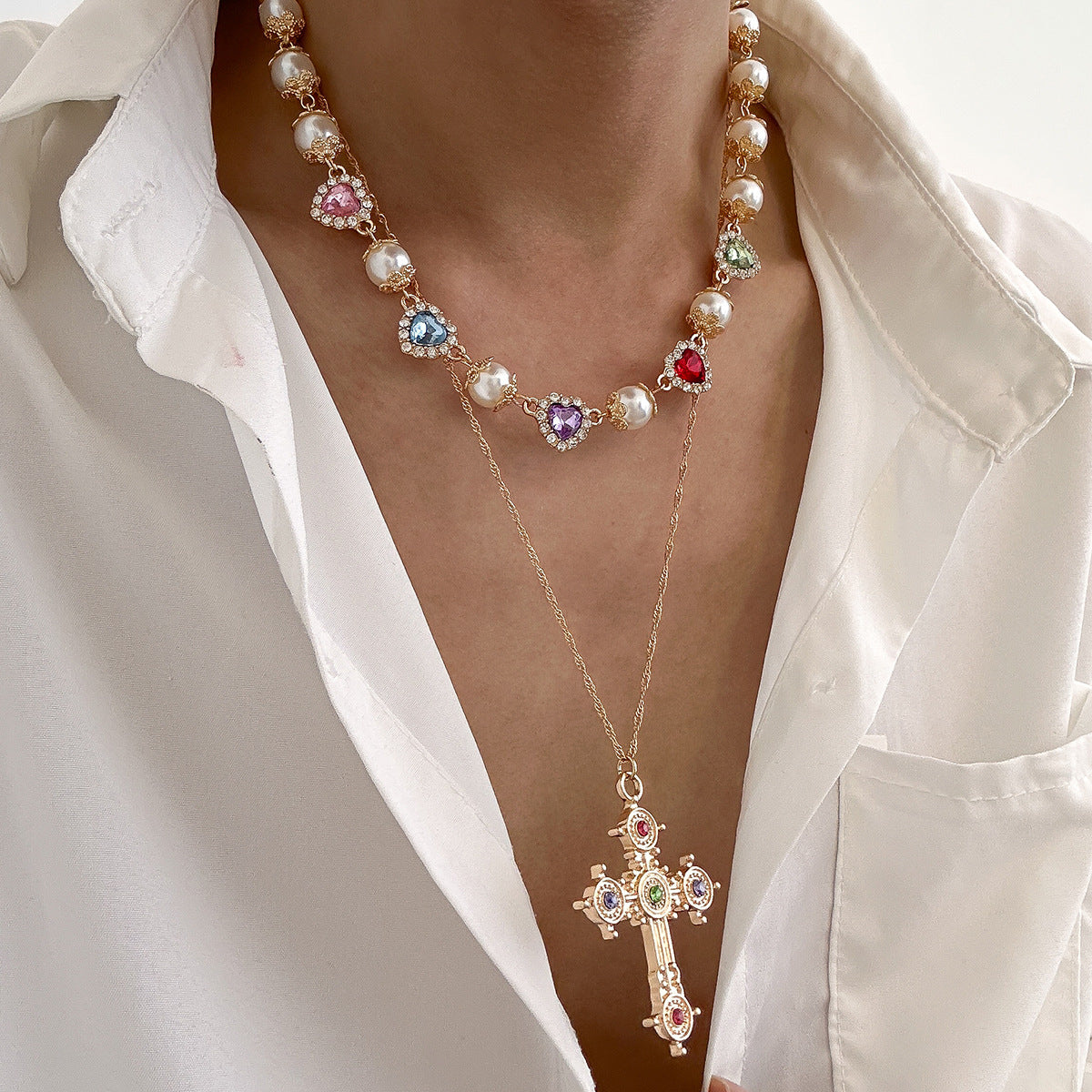 Personalized Rhinestone Cross Layered Necklace For Women