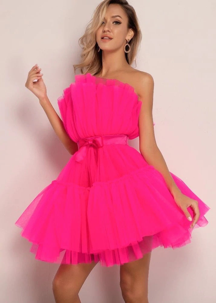 Strapless Tulle Bow Dress Elegant Flare Cocktail Dress