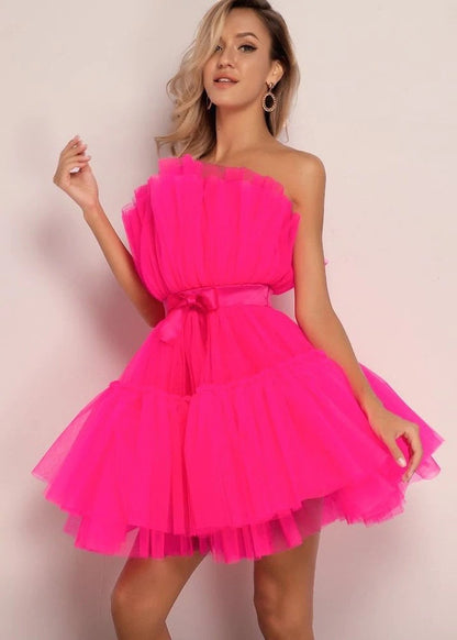 Strapless Tulle Bow Dress Elegant Flare Cocktail Dress