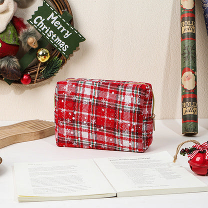 Vintage Christmas Plaid Snowflake Makeup Bag