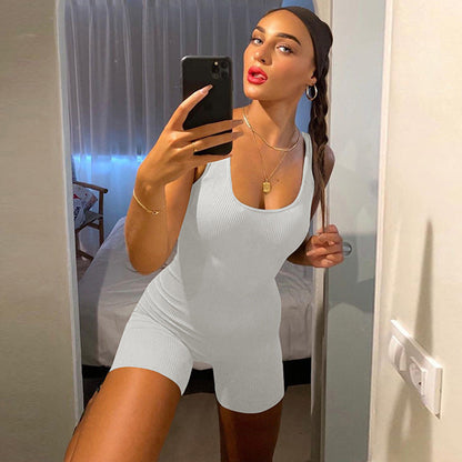Fashionable Solid Color U-Neck Slim-Fit Jumpsuit