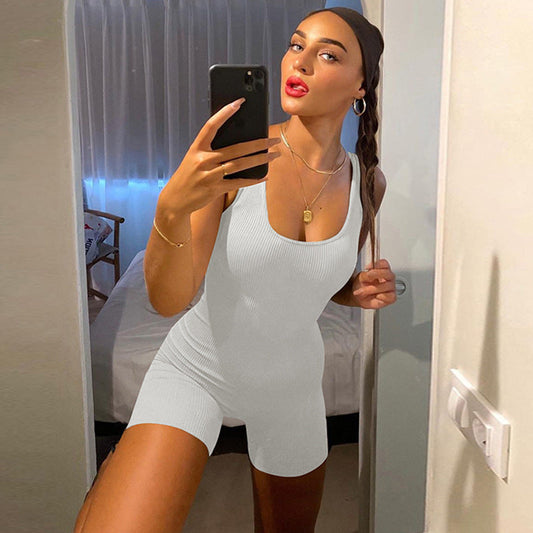 Fashionable Solid Color U-Neck Slim-Fit Jumpsuit