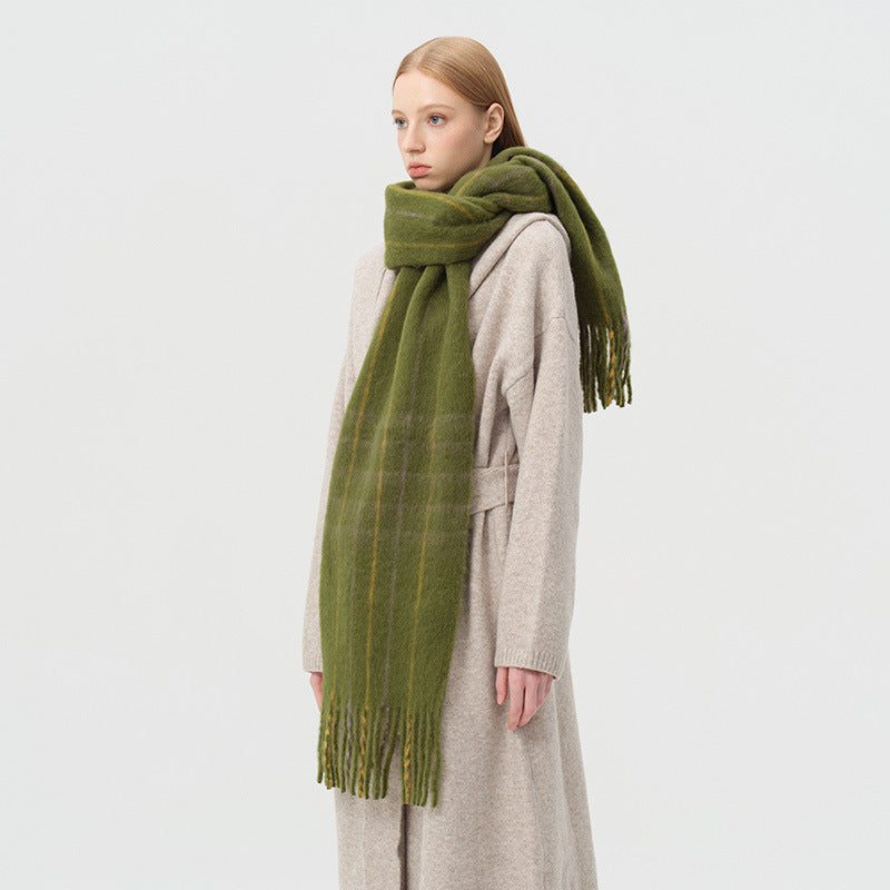 Macaron Color Fringed Check Scarf Soft Wool Blend Shawl