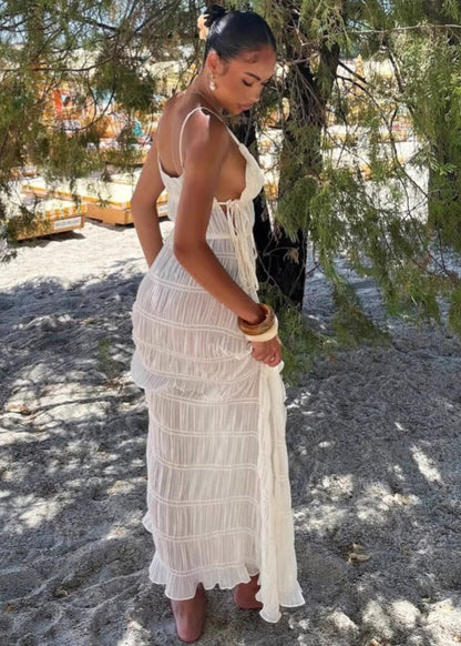Pleated Spaghetti Strap Maxi Dress In White