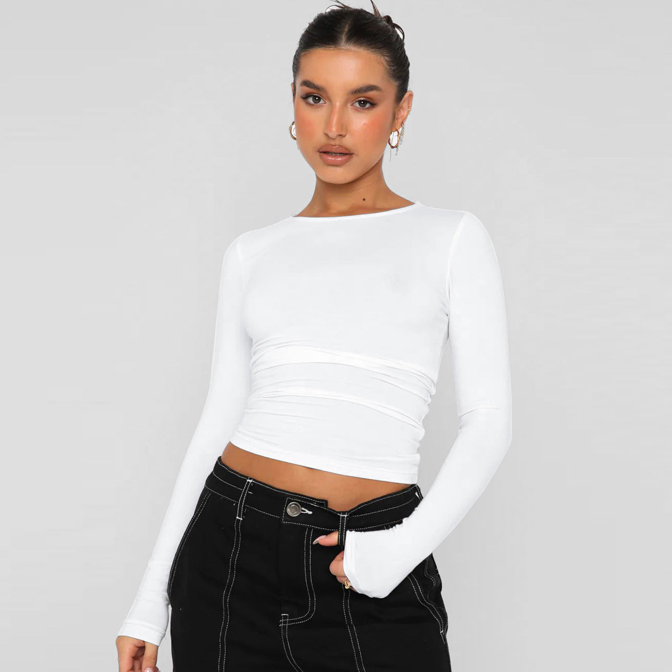 Y2K Fitted Knit Long Sleeve T-Shirt Moisture-Wicking Casual Top