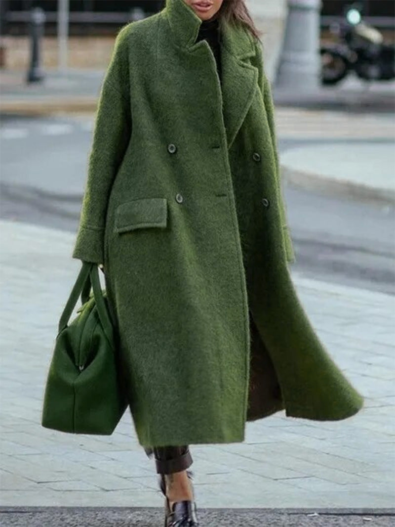 Long Solid Color Woolen Overcoat For Women