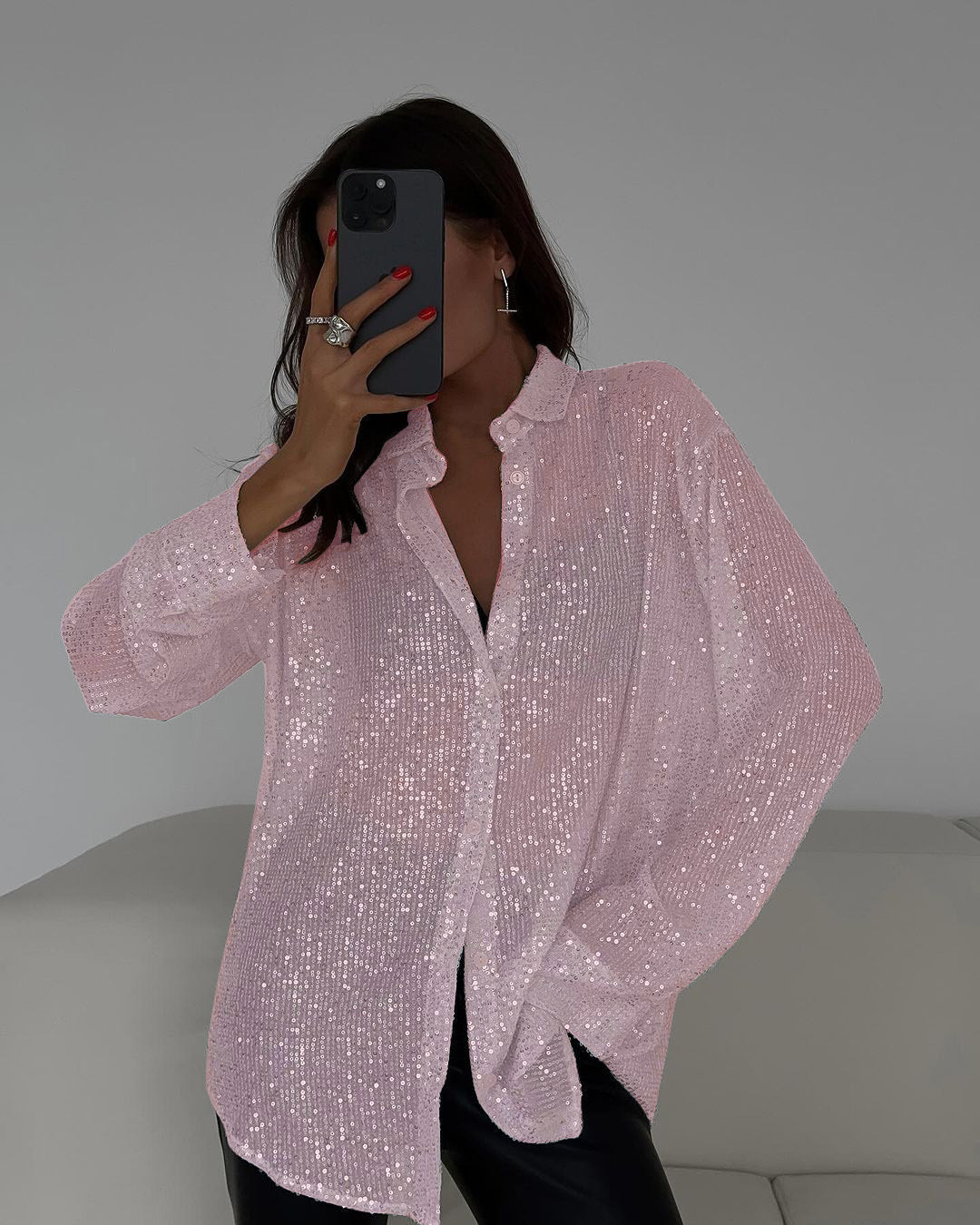 Sequin Collared Long Sleeve Shirt For Women