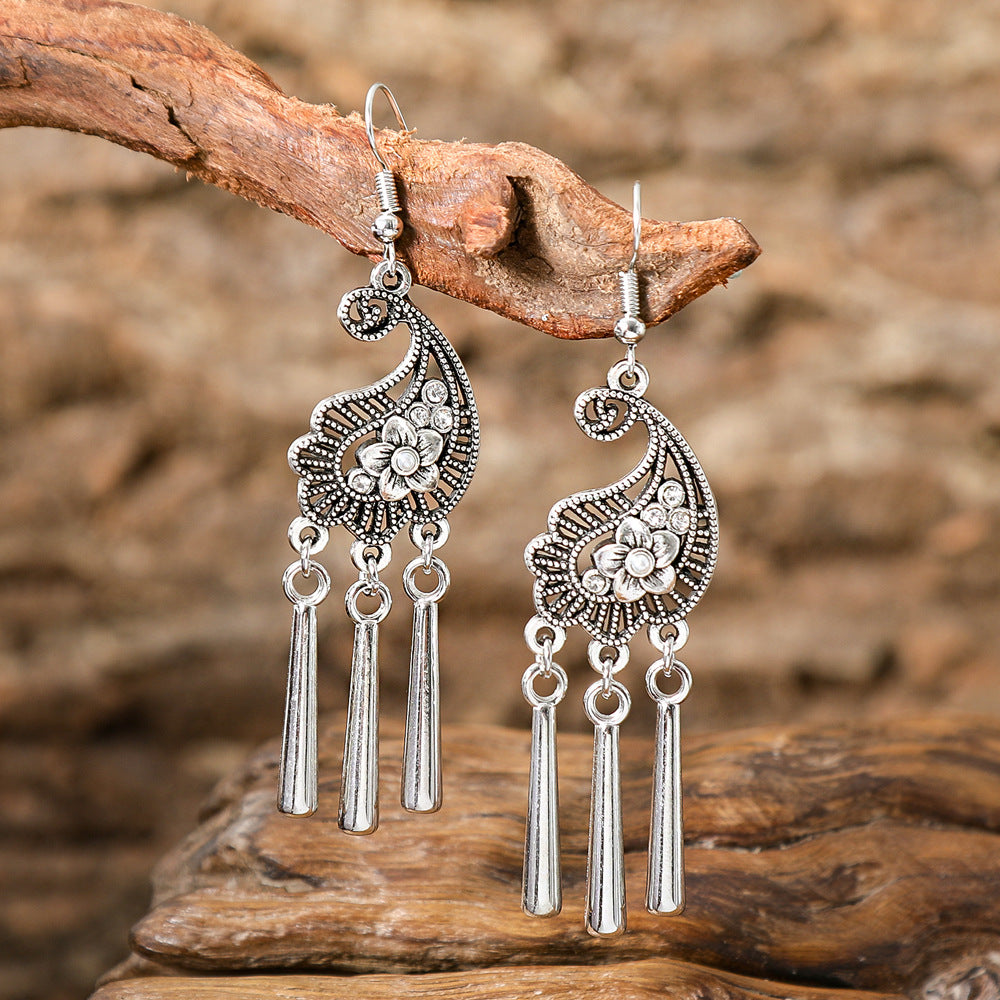 Ethnic Style Silver Earrings with Peacock Floral and Leaf Design