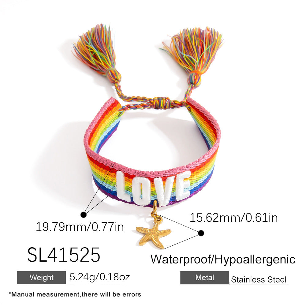Adjustable Woven Bracelet with Rainbow LOVE Tassels