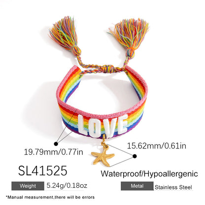 Adjustable Woven Bracelet with Rainbow LOVE Tassels
