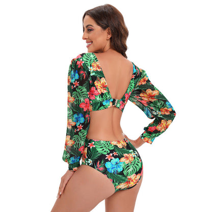 New Open Back Long Sleeved One Piece Swimwear High Waist Lace Up V-Neck Swimwear For Women Bikini