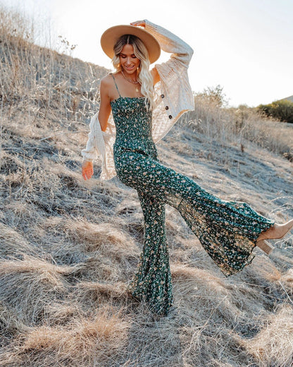 Small Floral Sexy Suspender Jumpsuit Home Flared Pants Jumpsuit