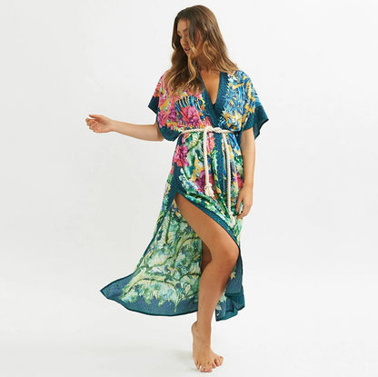 Polyester Green Printed Beach Blouse Sexy Cardigan Loose Sun Protection Bikini Blouse